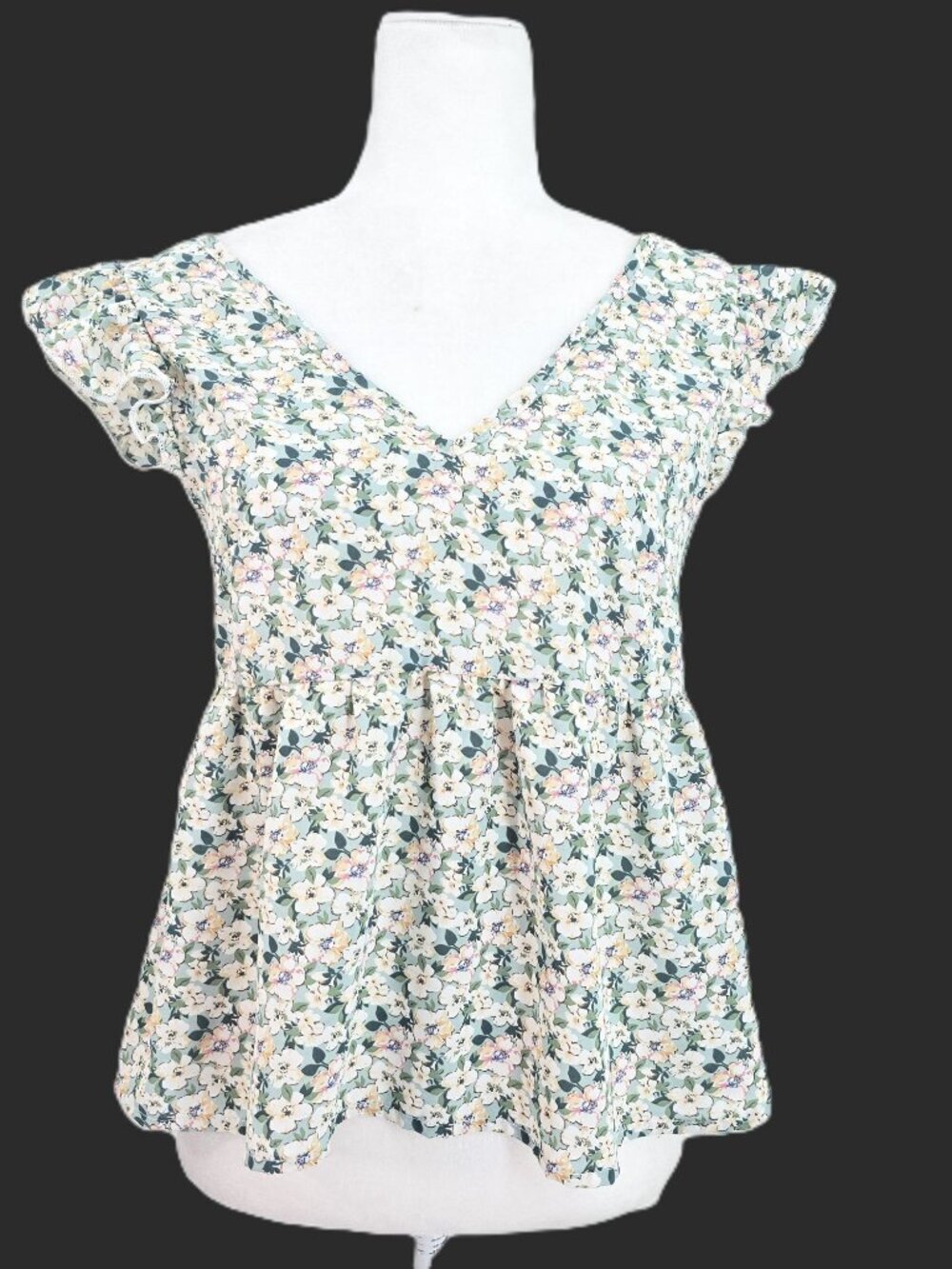 Women's White Green Ditsy Floral Lave V Neck Babydoll Top Women Size XS